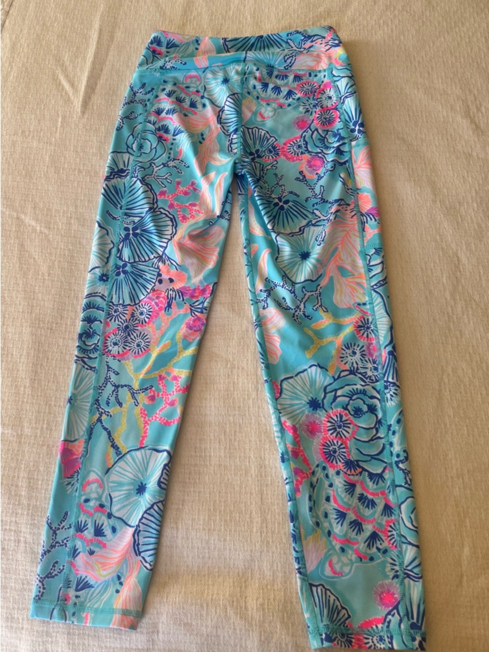 Lilly Pulitzer Aqua Floral Print Leggings with Pink & Blue Accents - Picture 4 of 5